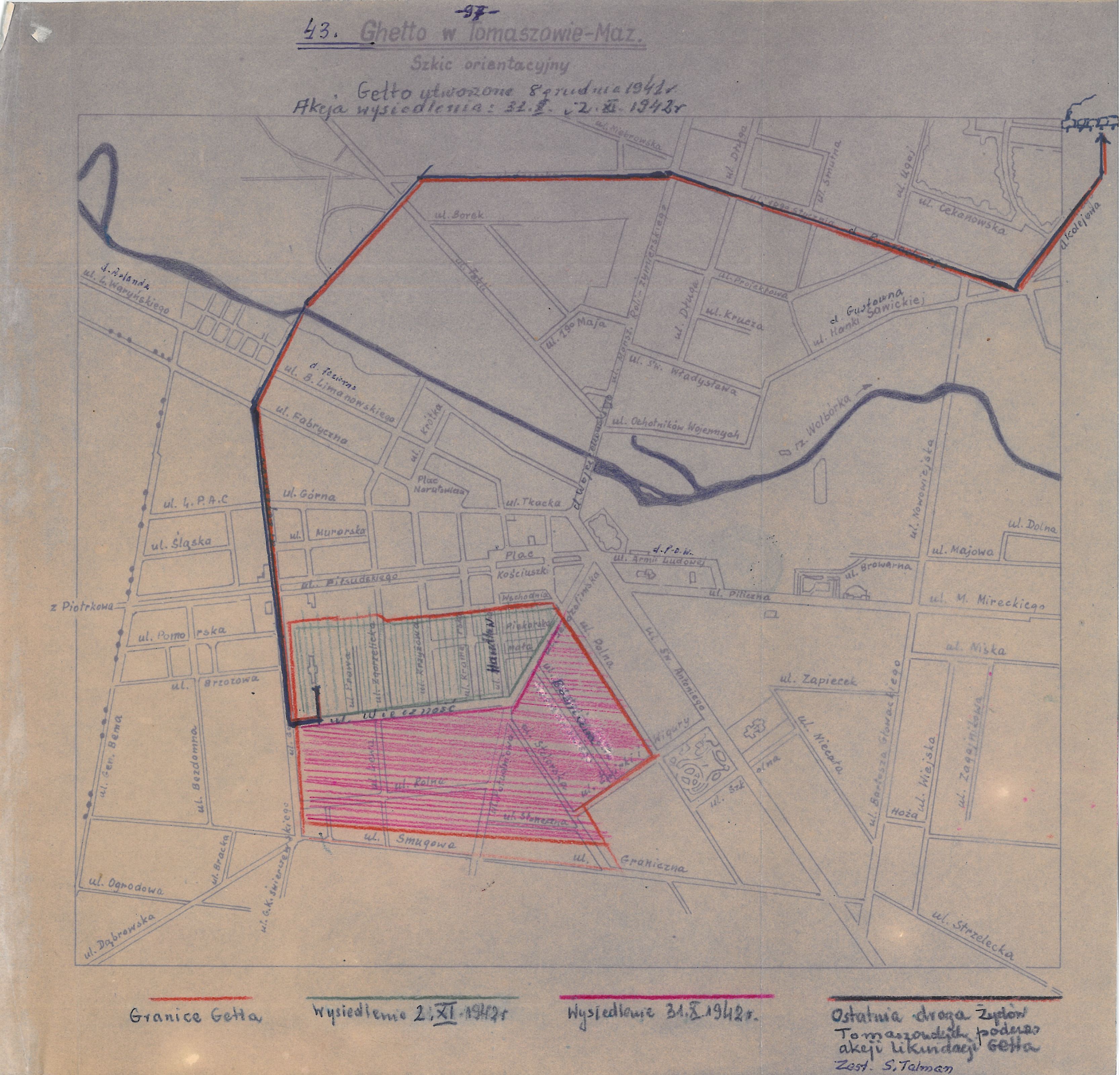 Mapa getta żydowskiego, zorganizowanego przez niemieckie władze okupacyjne w Tomaszowie Mazowieckim w latach II wojny światowej.